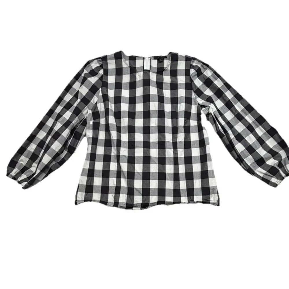 J. Crew Puff Sleeve Blouse Top Gingham Black and White Size 8 Classic Cotton